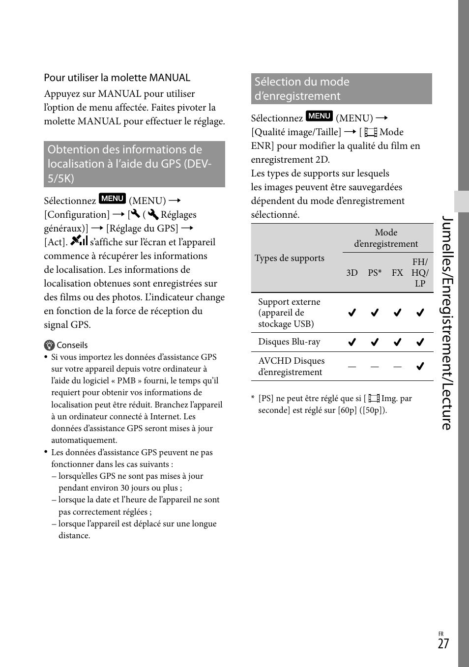 Sélection du mode d’enregistrement, Obtention des informations de, Localisation à l’aide du gps | Dev-5/5k) sélection du mode, D’enregistrement, Jumelles/enr eg istr emen t/l ec tur e | Sony DEV-3 User Manual | Page 81 / 271