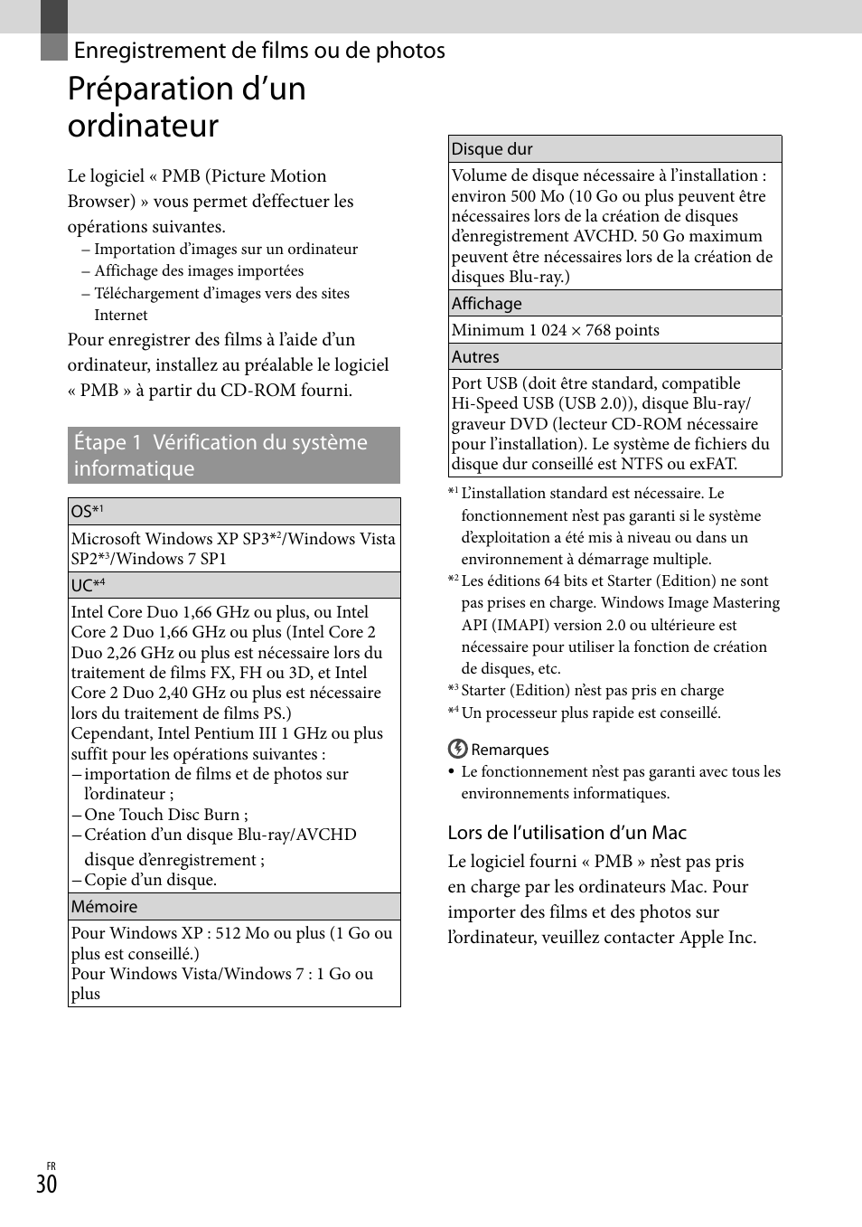 Enregistrement de films ou de photos, Préparation d’un ordinateur, Étape 1 vérification du système informatique | Enregistrement de films ou, De photos, Étape 1 vérification du système, Informatique, Lors de l’utilisation d’un mac | Sony DEV-3 User Manual | Page 84 / 271