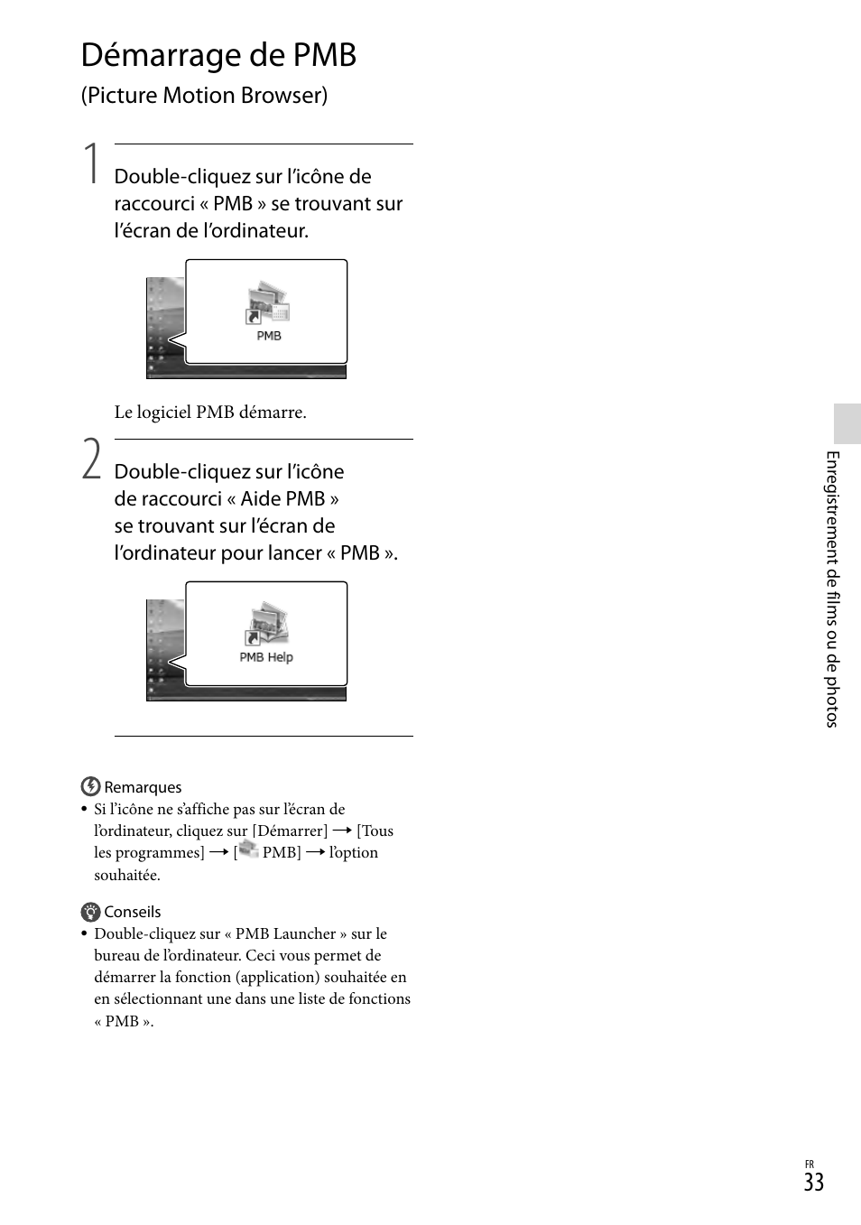 Démarrage de pmb (picture motion browser), Démarrage de pmb (picture motion, Browser) | Démarrage de pmb | Sony DEV-3 User Manual | Page 87 / 271