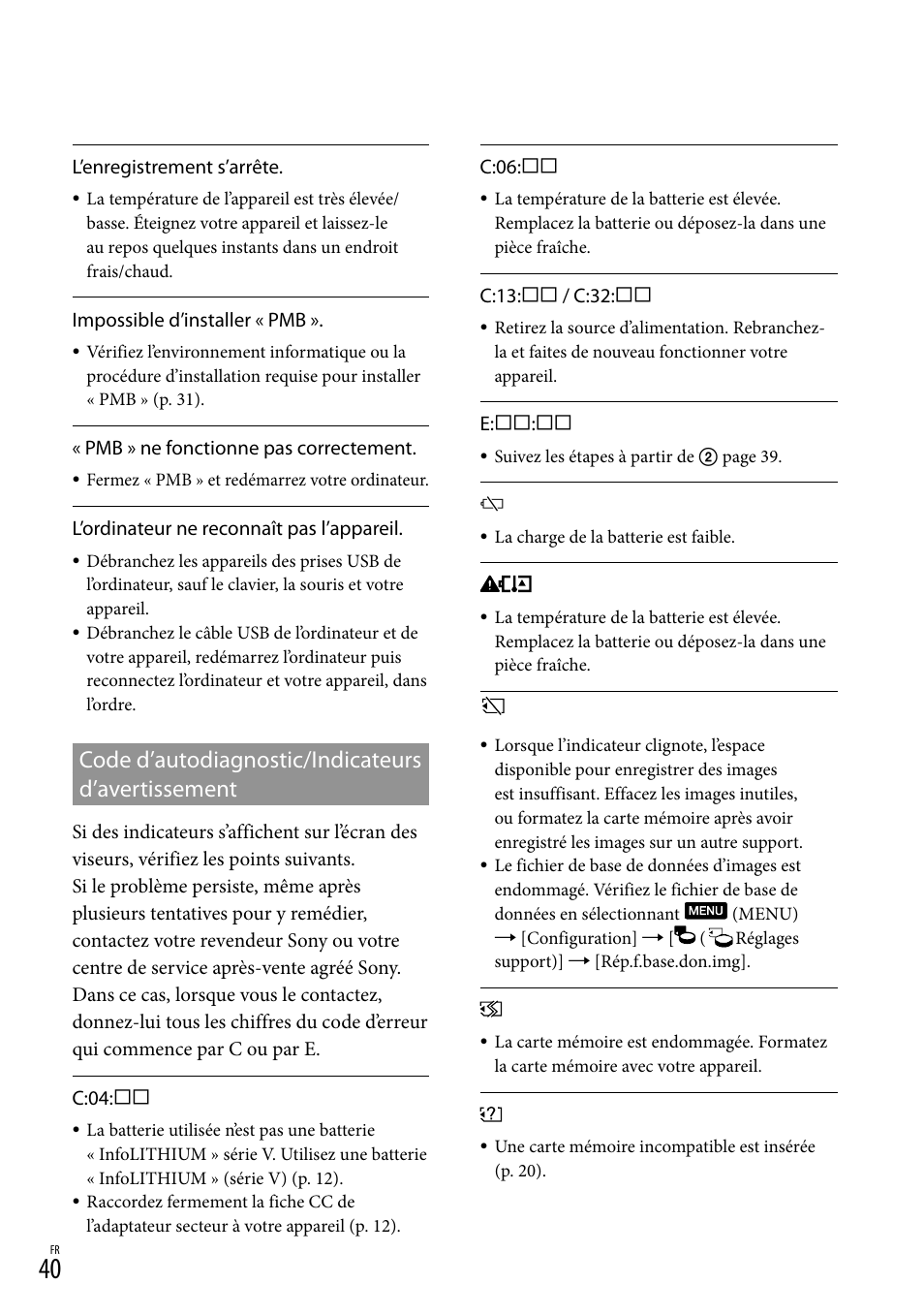 Code d’autodiagnostic/indicateurs d’avertissement, Code d’autodiagnostic/indicateurs, D’avertissement | Sony DEV-3 User Manual | Page 94 / 271