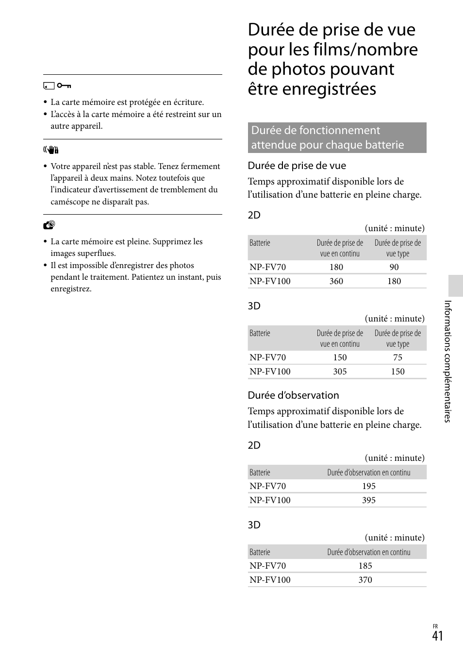 Durée de prise de vue pour les films, Nombre de photos pouvant être, Enregistrées | Durée de fonctionnement attendue, Pour chaque batterie | Sony DEV-3 User Manual | Page 95 / 271