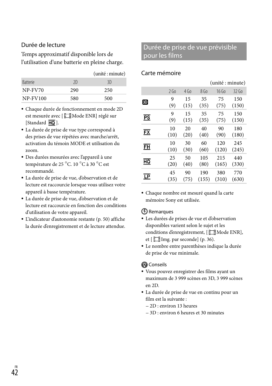 Durée de prise de vue prévisible pour les films, Durée de prise de vue prévisible, Pour les films | 42). s, Durée de lecture, Carte mémoire | Sony DEV-3 User Manual | Page 96 / 271