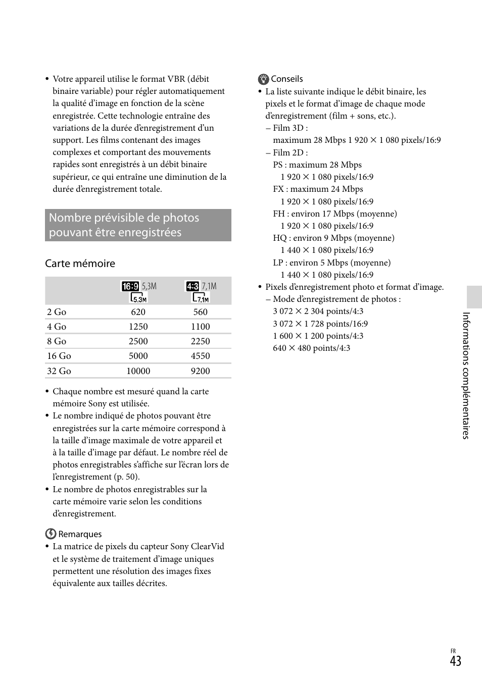 Nombre prévisible de photos, Pouvant être enregistrées, Carte mémoire | Sony DEV-3 User Manual | Page 97 / 271