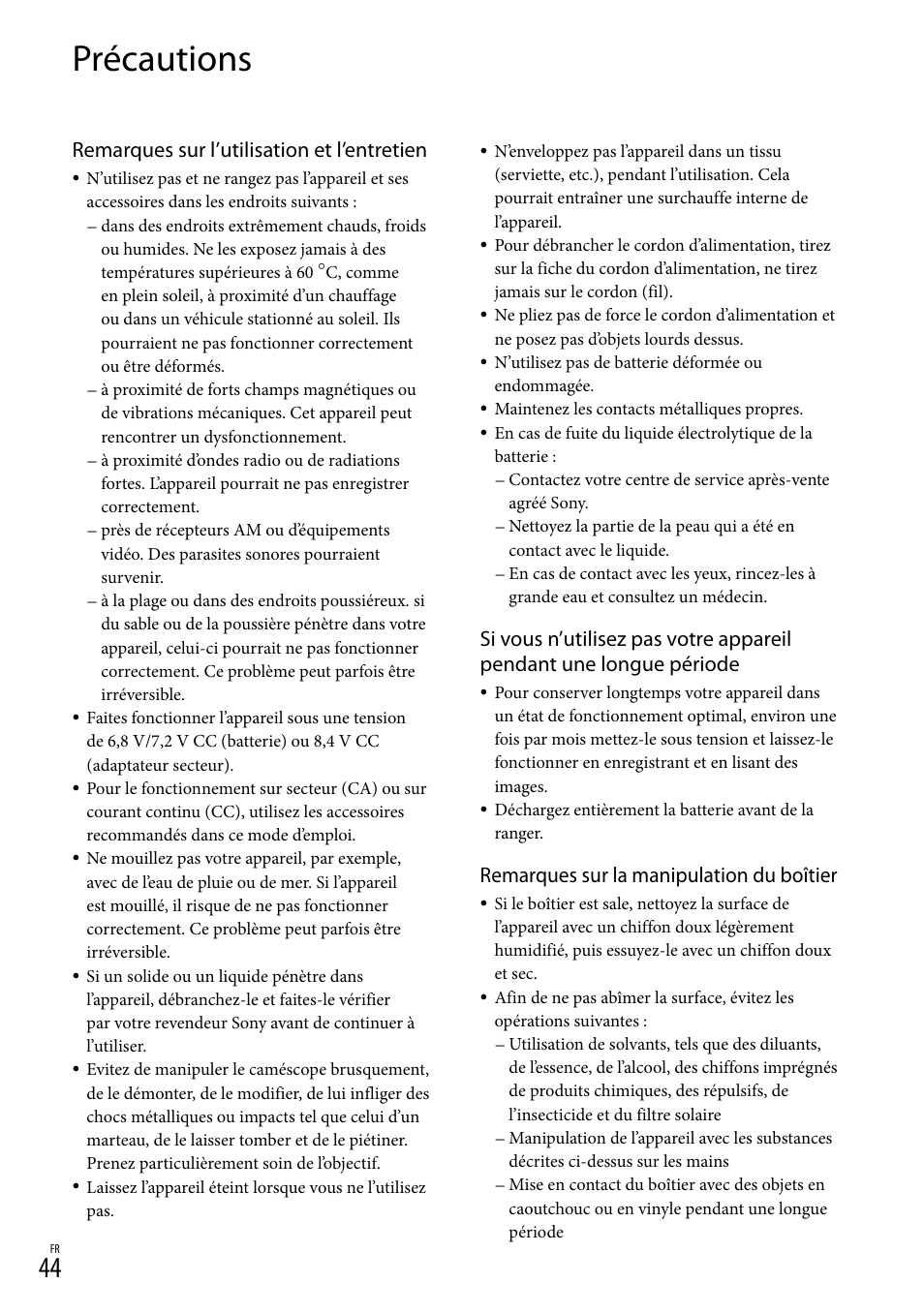 Précautions, Remarques sur l’utilisation et l’entretien, Remarques sur la manipulation du boîtier | Sony DEV-3 User Manual | Page 98 / 271