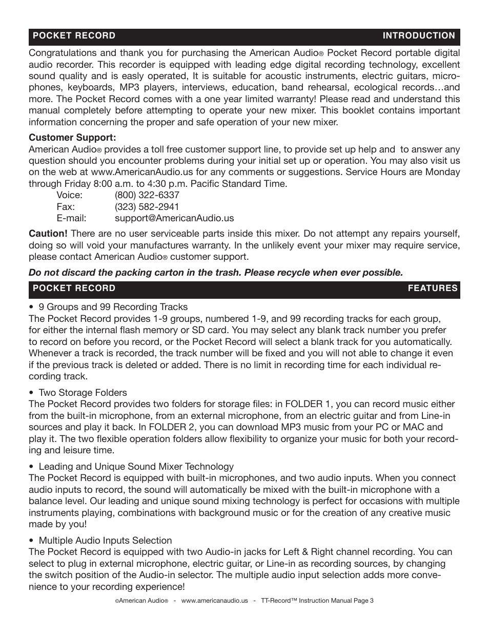 American Audio Portable Audio Recorder User Manual | Page 3 / 14
