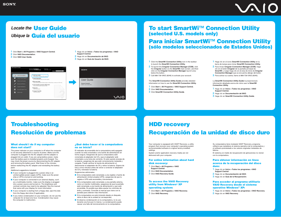 User guide, Para iniciar smartwi™ connection utility, Selected u.s. models only) | Sólo modelos seleccionados de estados unidos), Locate the, Ubique la | Sony VGN-UX280P User Manual | Page 2 / 2