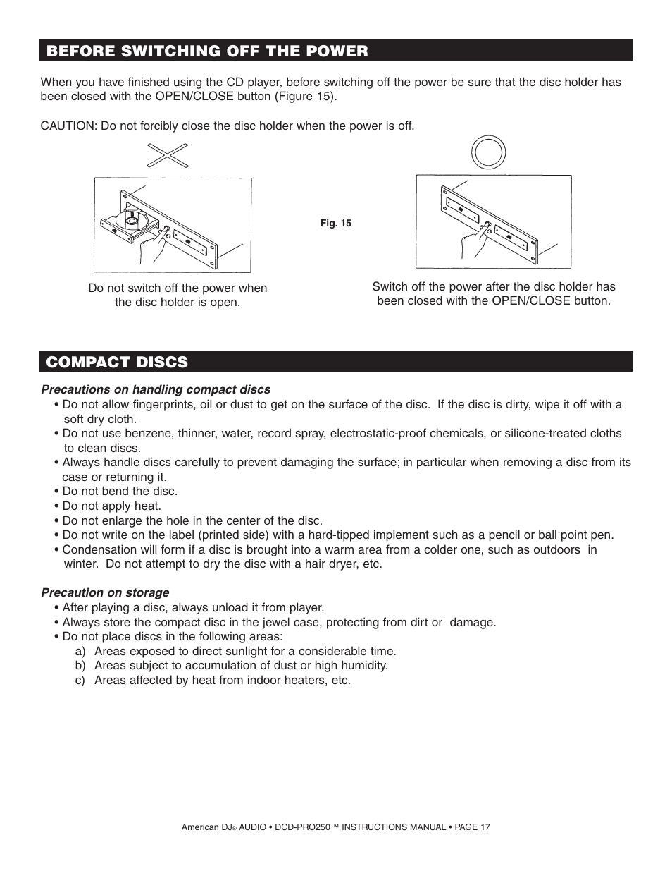 Compact discs, Before switching off the power | American Audio DCD PRO 250 User Manual | Page 17 / 18