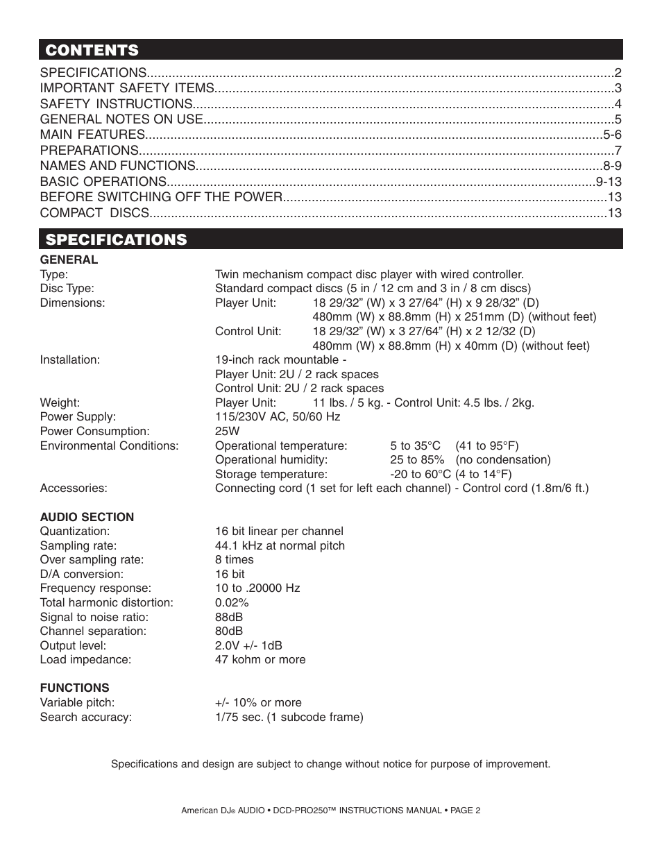 American Audio DCD PRO 250 User Manual | Page 2 / 18