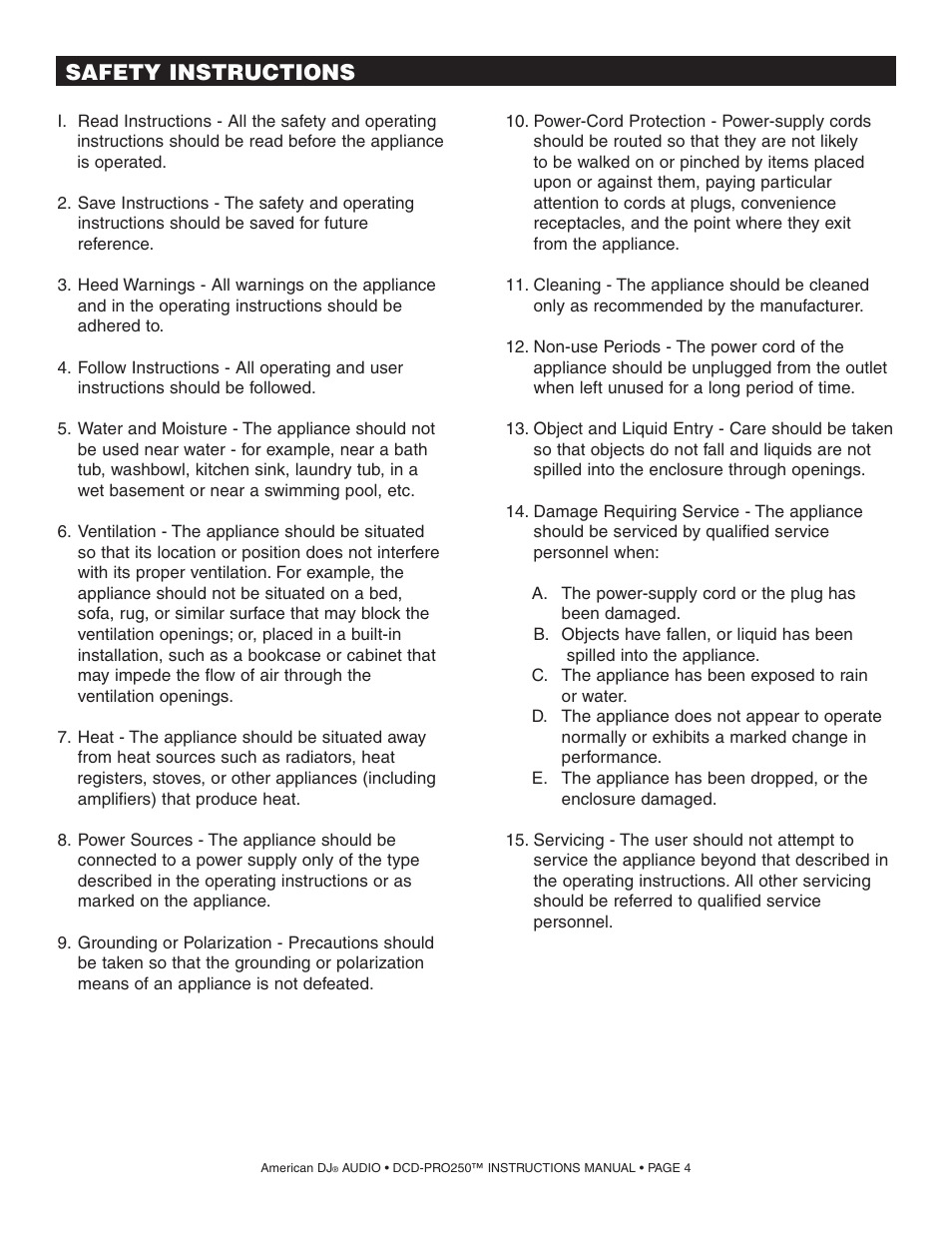 Safety instructions | American Audio DCD PRO 250 User Manual | Page 4 / 18