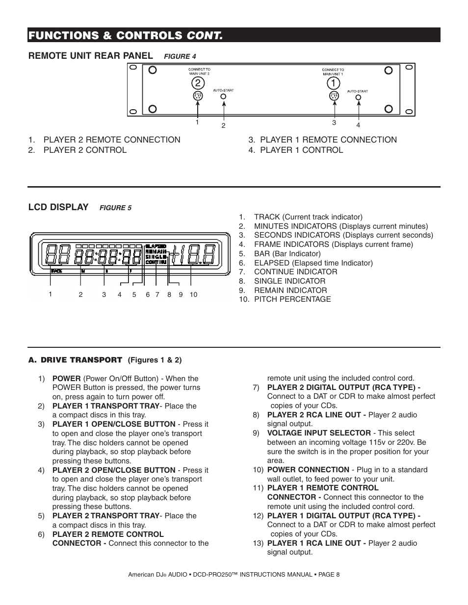 Functions & controls cont, Remote unit rear panel, Lcd display | American Audio DCD PRO 250 User Manual | Page 8 / 18