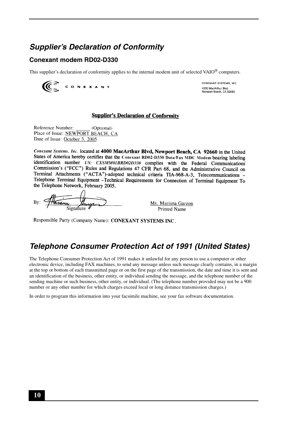 Supplier’s declaration of conformity | Sony VGN-SR290JVB User Manual | Page 10 / 20