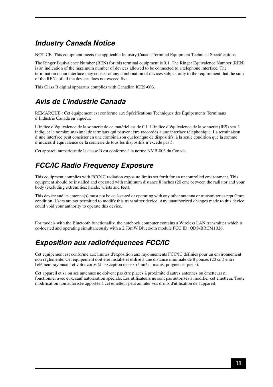 Industry canada notice, Avis de l’industrie canada, Fcc/ic radio frequency exposure | Exposition aux radiofréquences fcc/ic | Sony VGN-SR290JVB User Manual | Page 11 / 20