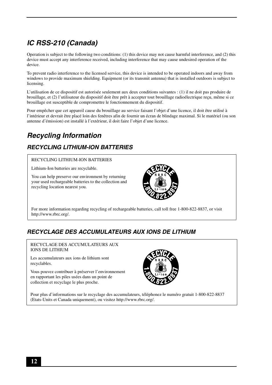 Ic rss-210 (canada), Recycling information | Sony VGN-SR290JVB User Manual | Page 12 / 20