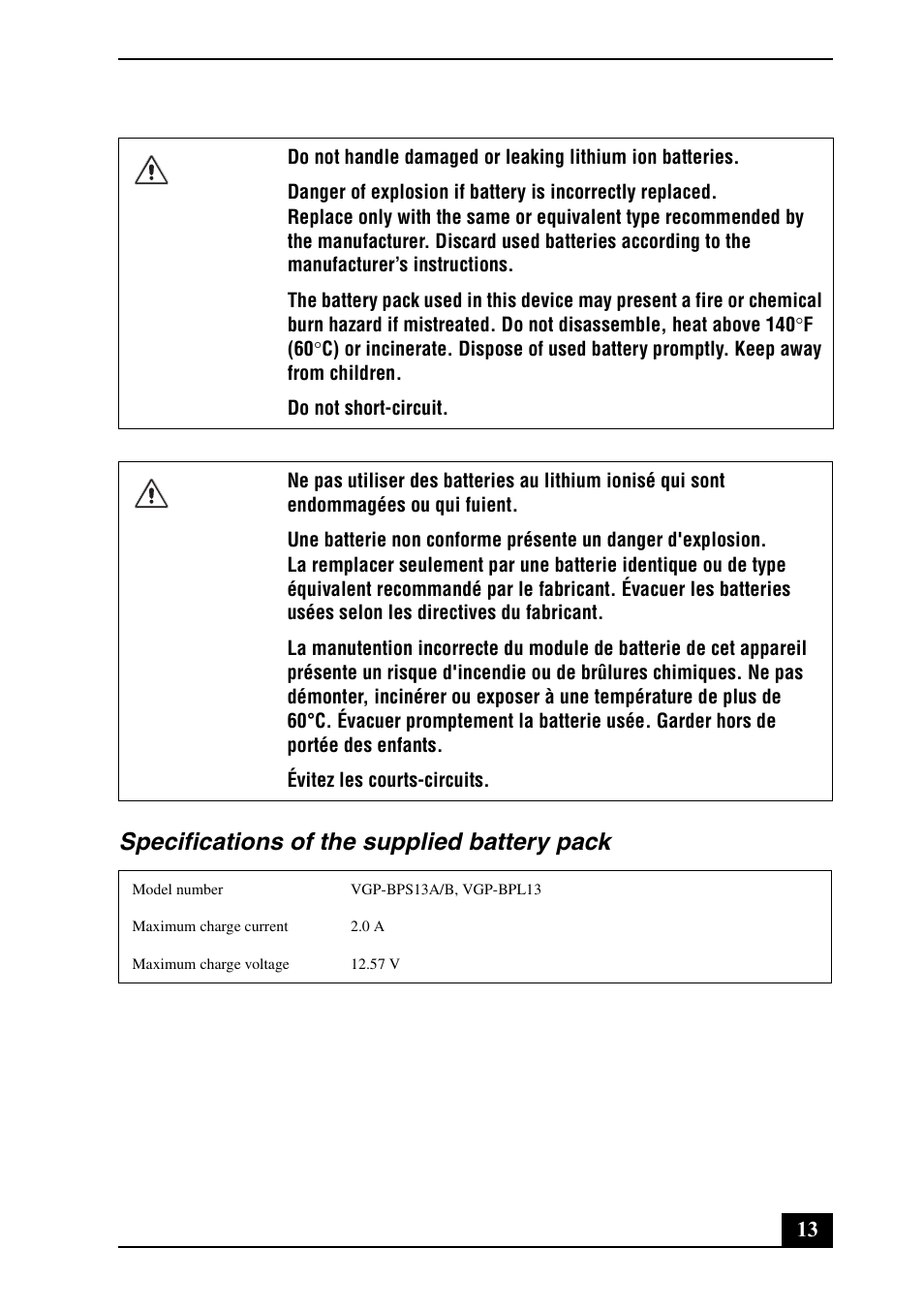 Specifications of the supplied battery pack | Sony VGN-SR290JVB User Manual | Page 13 / 20