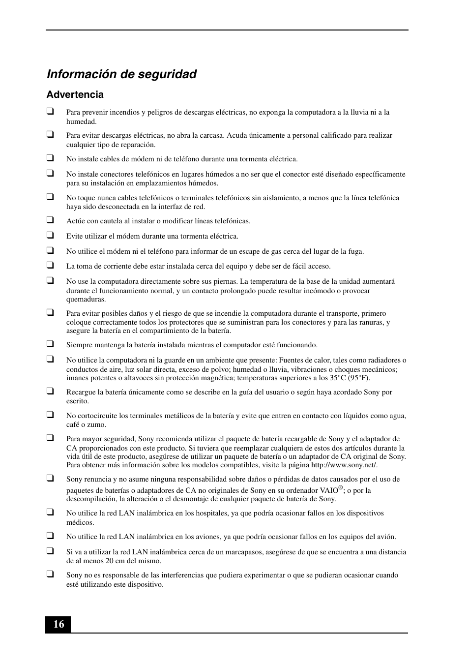 Información de seguridad | Sony VGN-SR290JVB User Manual | Page 16 / 20