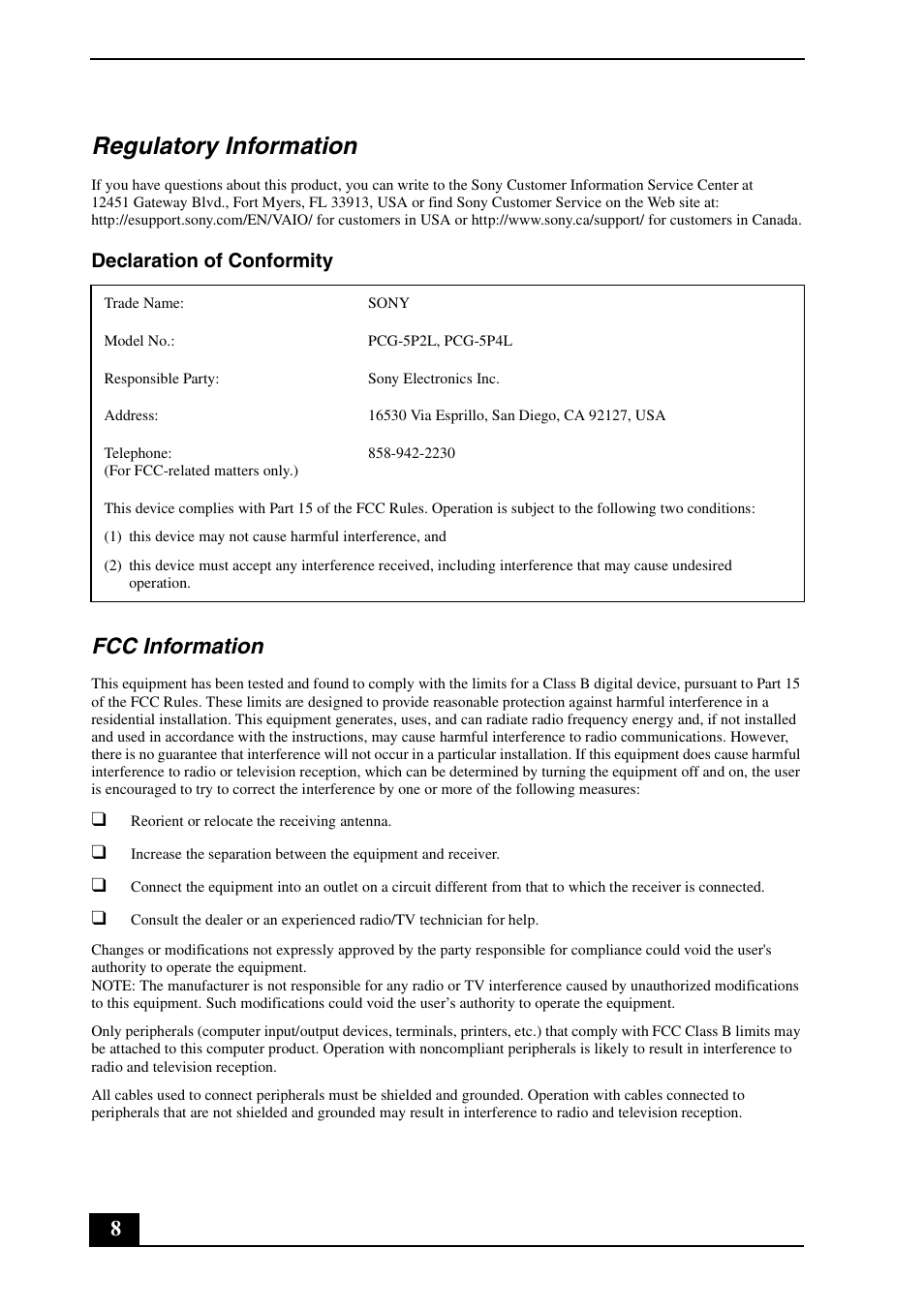 Regulatory information, Fcc information, Declaration of conformity | Sony VGN-SR290JVB User Manual | Page 8 / 20