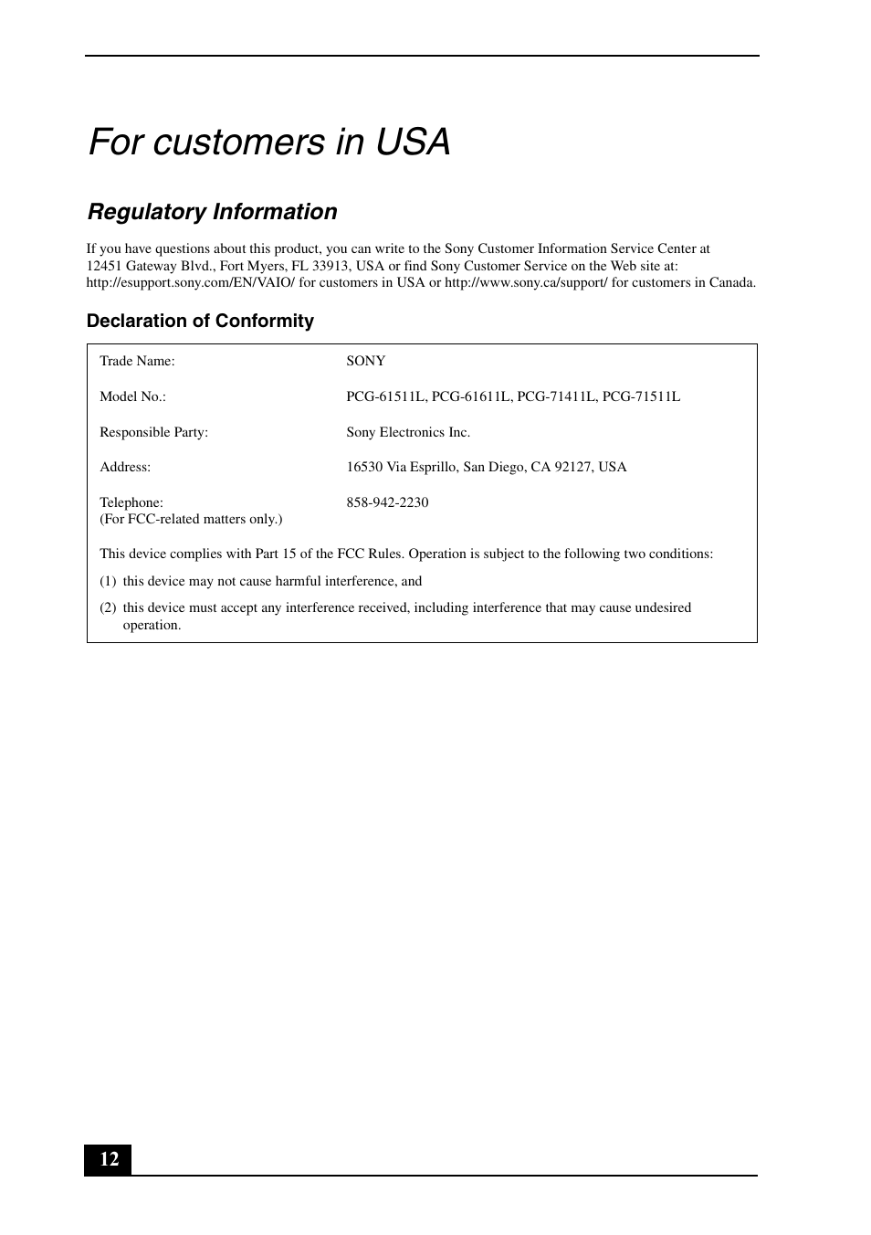 For customers in usa, Regulatory information | Sony VPCEE47FX User Manual | Page 12 / 28