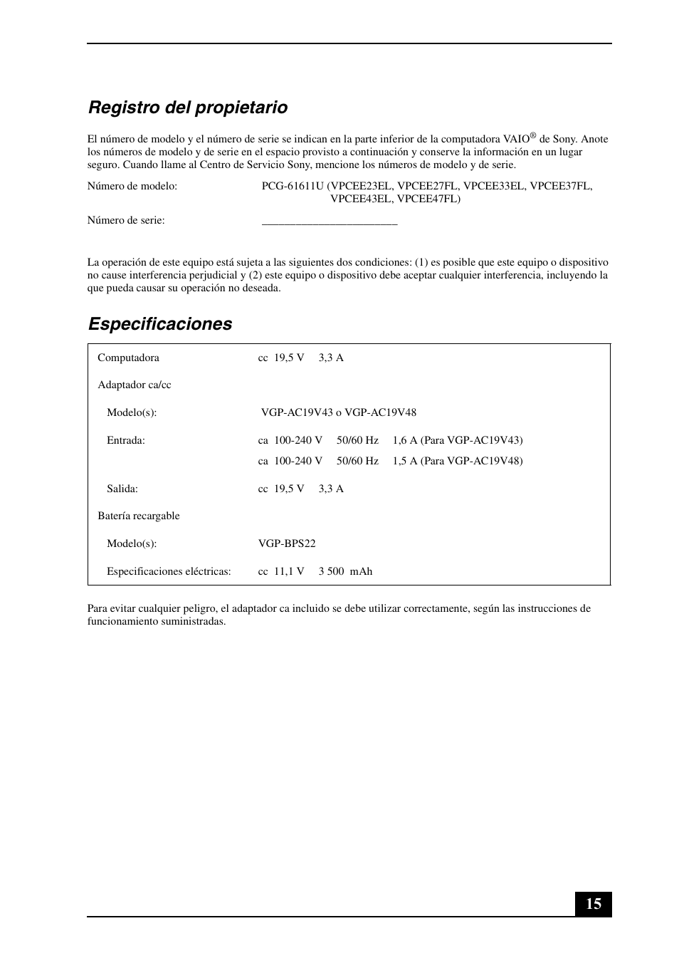 Registro del propietario, Especificaciones | Sony VPCEE47FX User Manual | Page 15 / 28