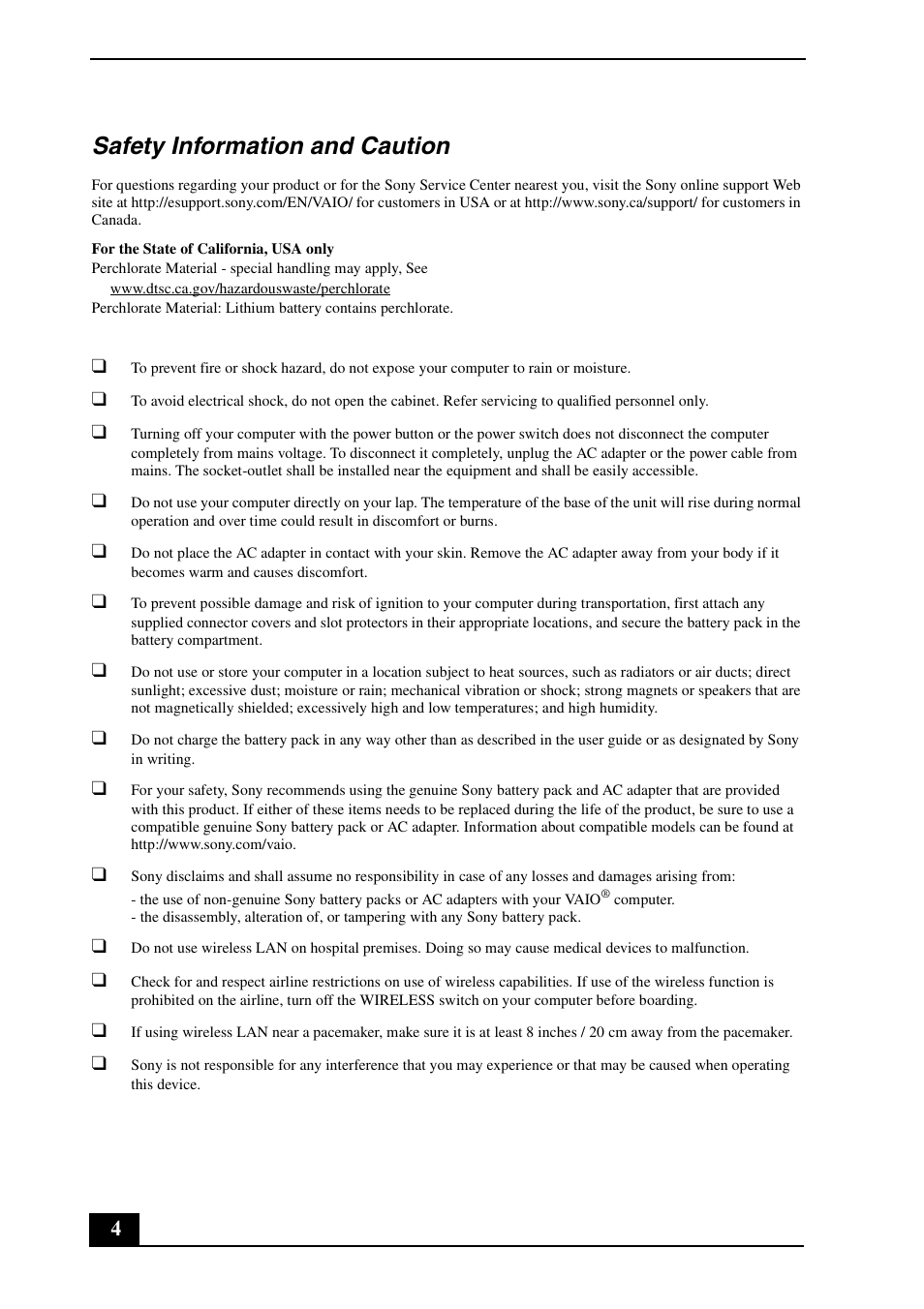 Safety information and caution | Sony VPCEE47FX User Manual | Page 4 / 28