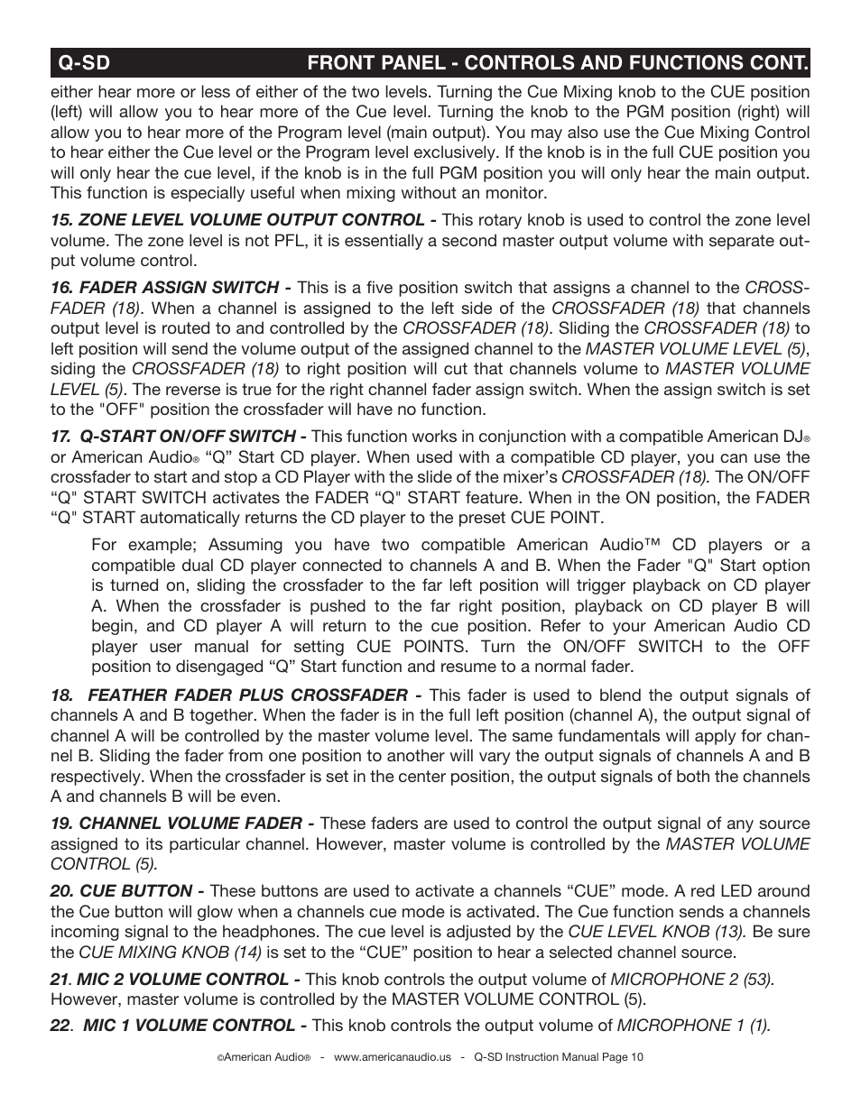 Q-sd front panel - controls and functions cont | American Audio Q-SD User Manual | Page 10 / 36