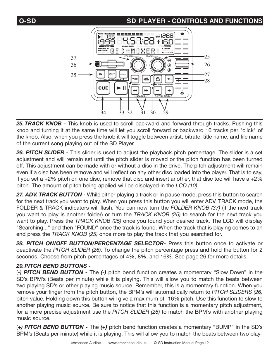 Q-sd sd player - controls and functions | American Audio Q-SD User Manual | Page 12 / 36