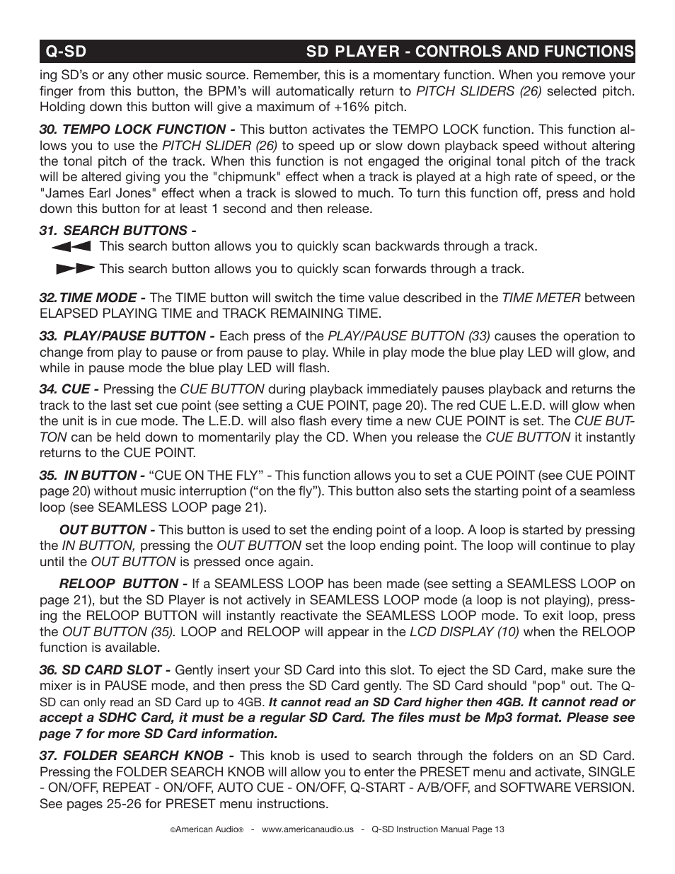 Q-sd sd player - controls and functions | American Audio Q-SD User Manual | Page 13 / 36