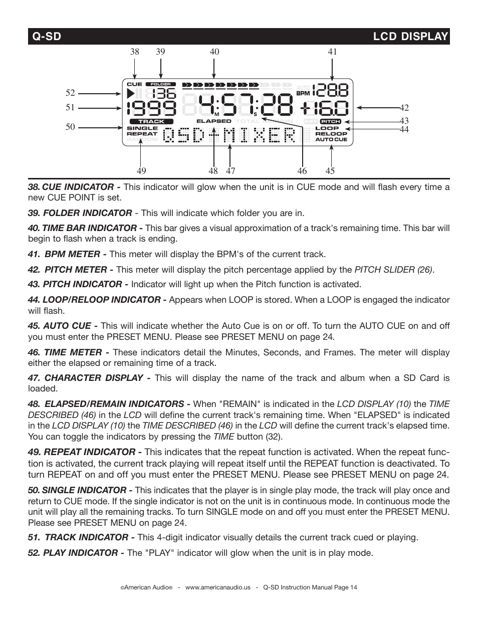 Q-sd lcd di splay | American Audio Q-SD User Manual | Page 14 / 36