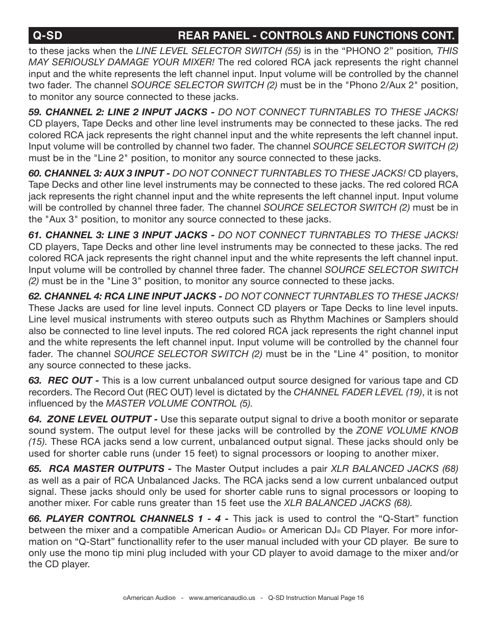 Q-sd rear panel - controls and functions cont | American Audio Q-SD User Manual | Page 16 / 36