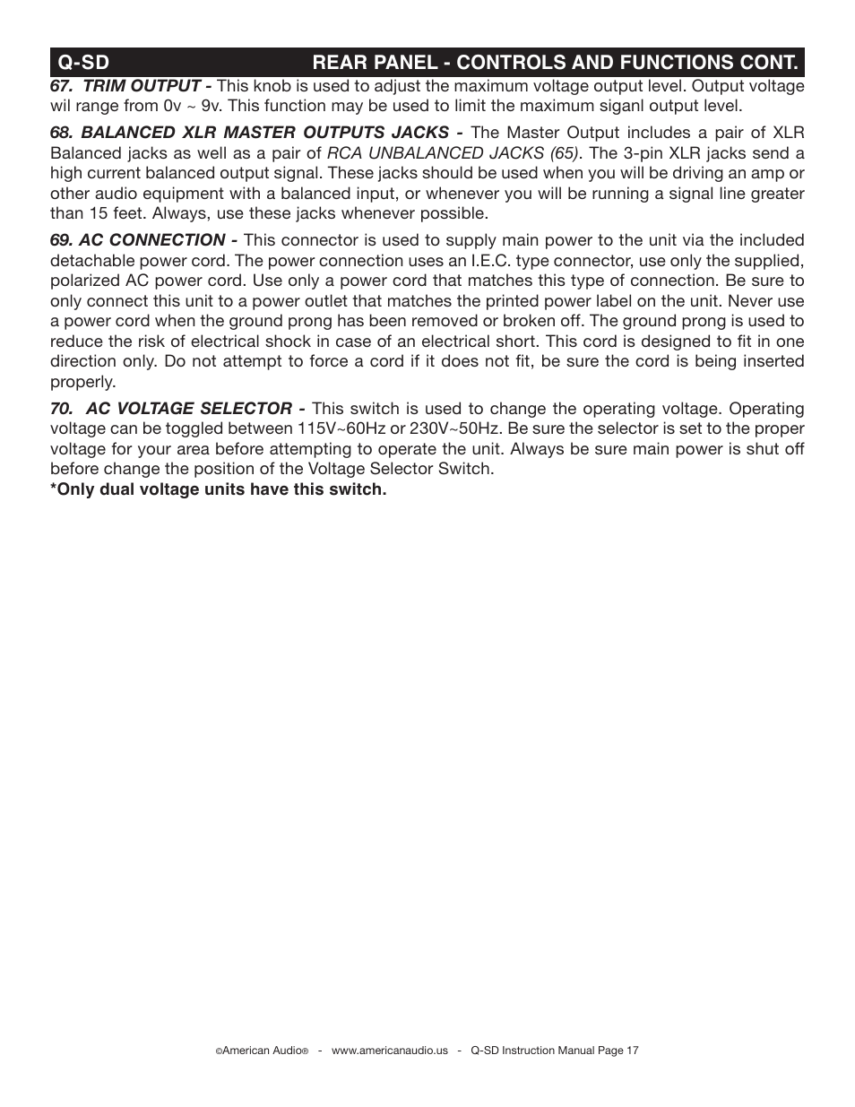 Q-sd rear panel - controls and functions cont | American Audio Q-SD User Manual | Page 17 / 36