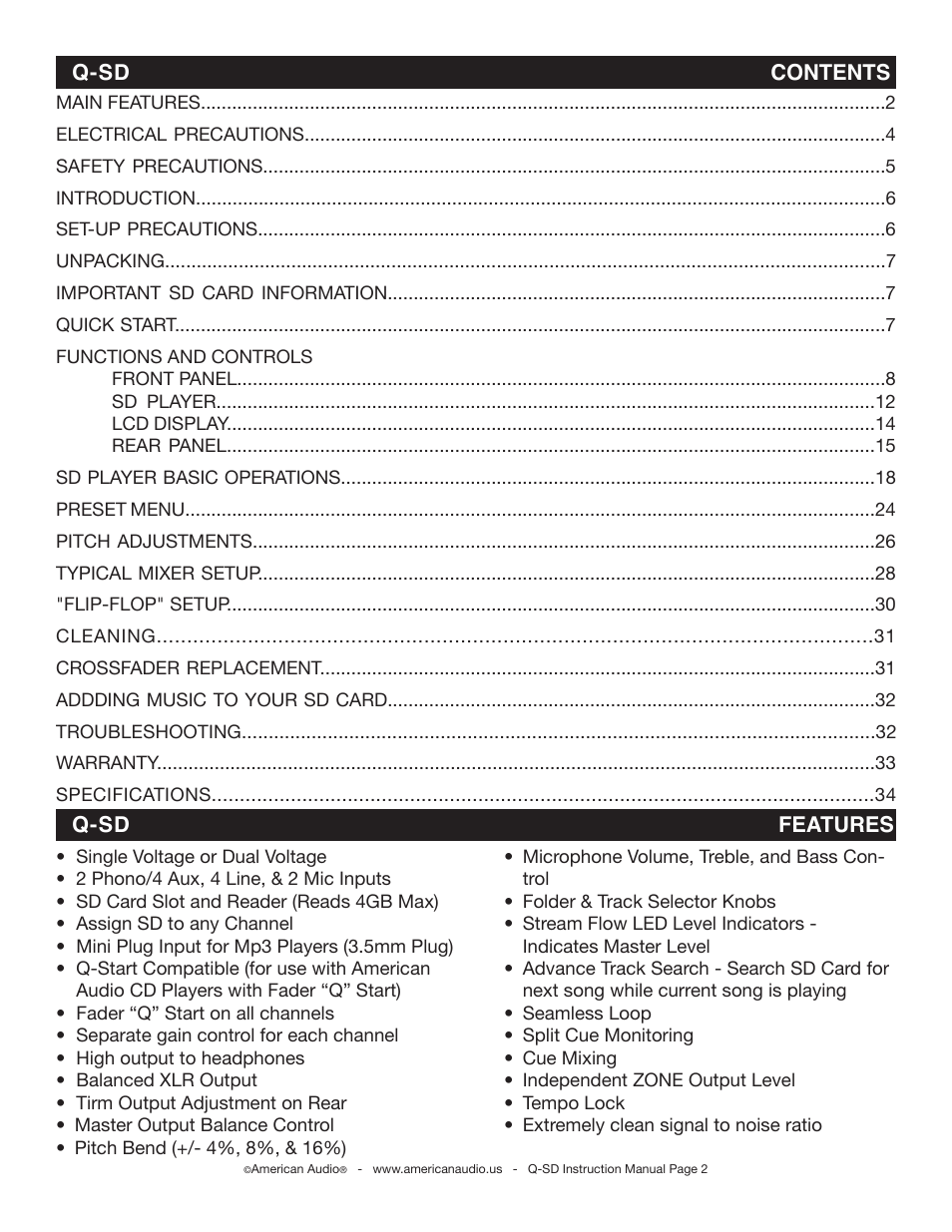 American Audio Q-SD User Manual | Page 2 / 36