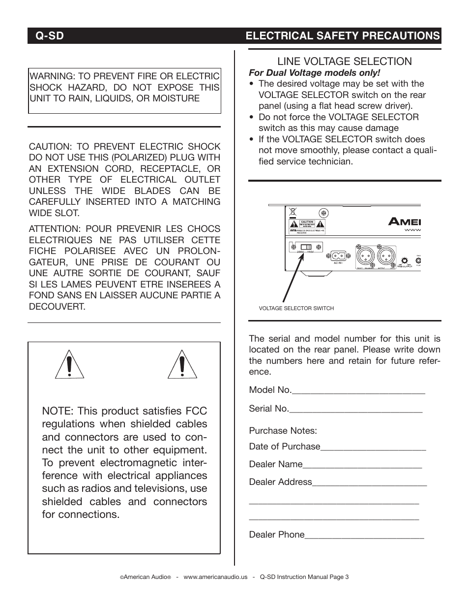 Q-sd electrical safety precautions, Line voltage selection | American Audio Q-SD User Manual | Page 3 / 36