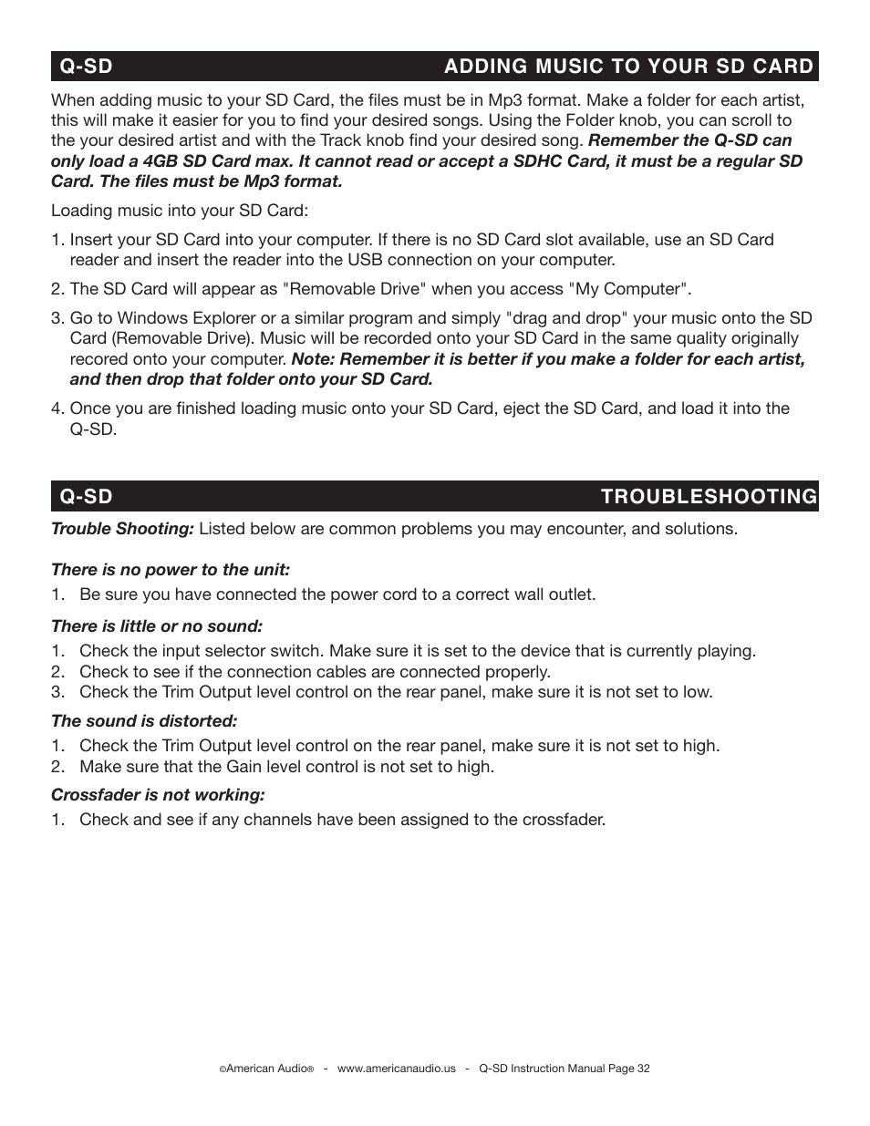 American Audio Q-SD User Manual | Page 32 / 36