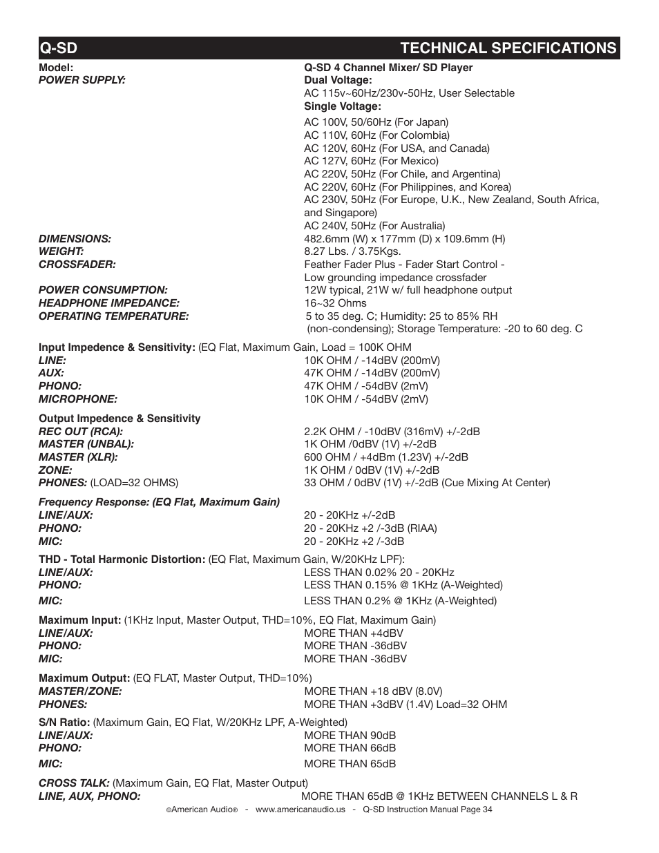 Q-sd technical specifications | American Audio Q-SD User Manual | Page 34 / 36