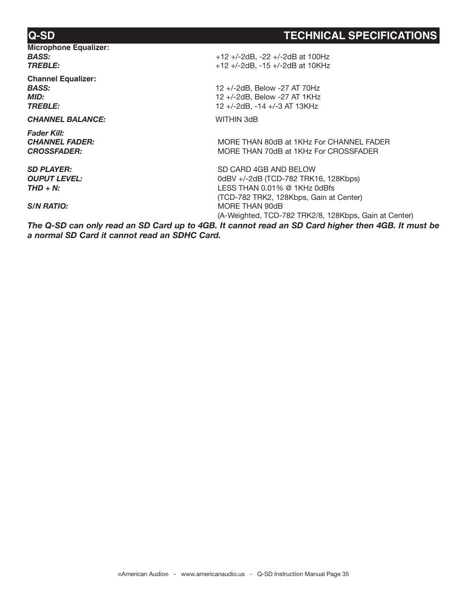 Q-sd technical specifications | American Audio Q-SD User Manual | Page 35 / 36