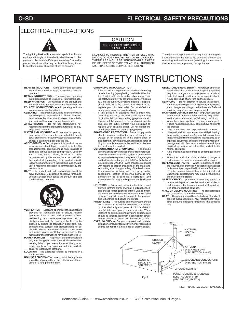 Important safety instructions, Electrical precautions, Q-sd electrical safety precautions | Caution | American Audio Q-SD User Manual | Page 4 / 36