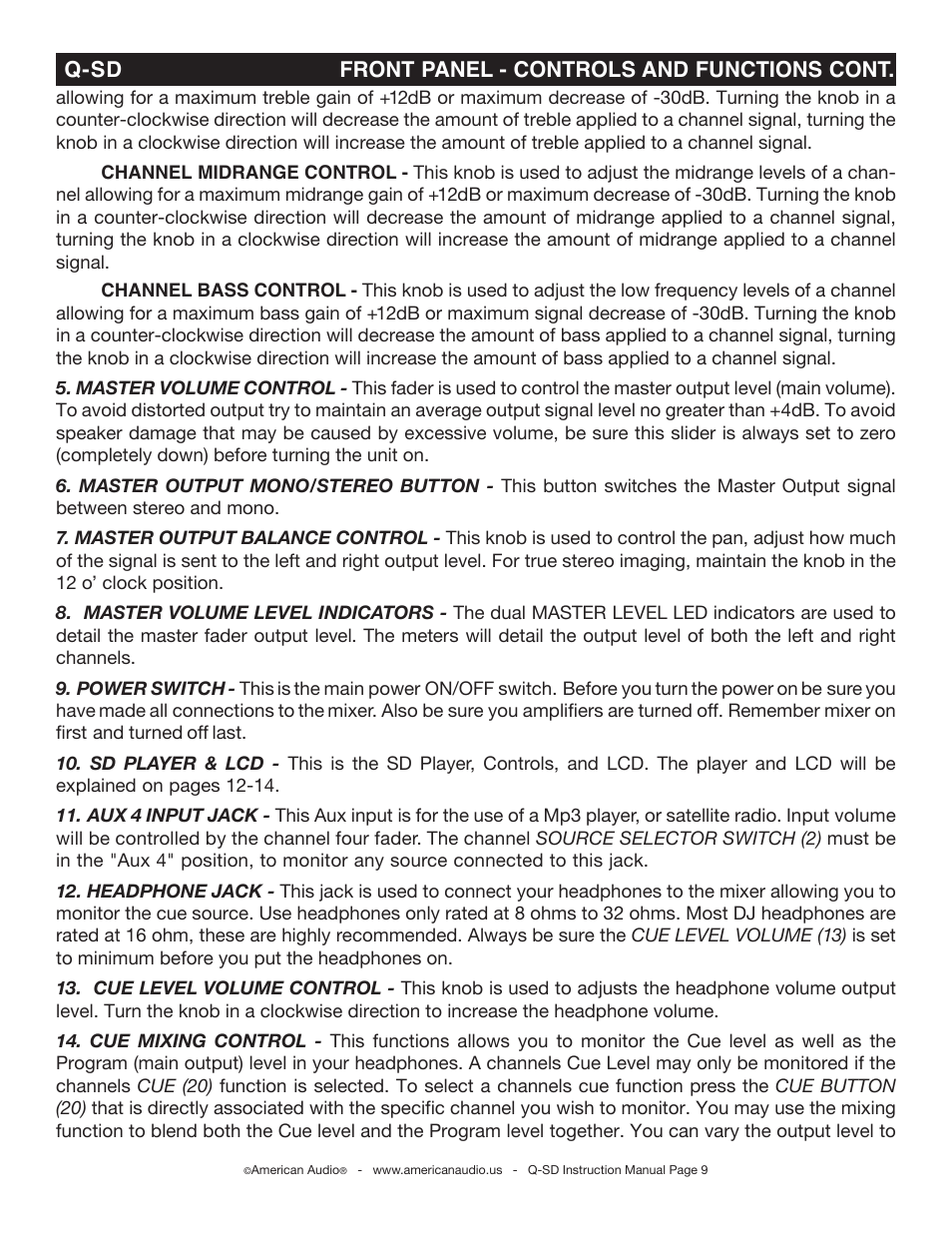 Q-sd front panel - controls and functions cont | American Audio Q-SD User Manual | Page 9 / 36