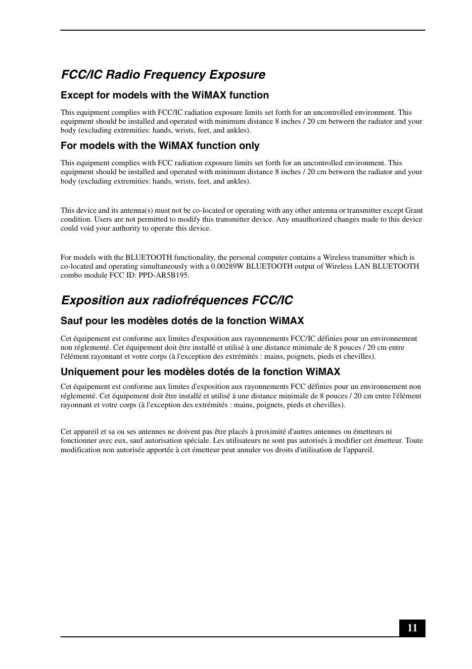 Fcc/ic radio frequency exposure, Exposition aux radiofréquences fcc/ic | Sony VPCEG Series User Manual | Page 11 / 32