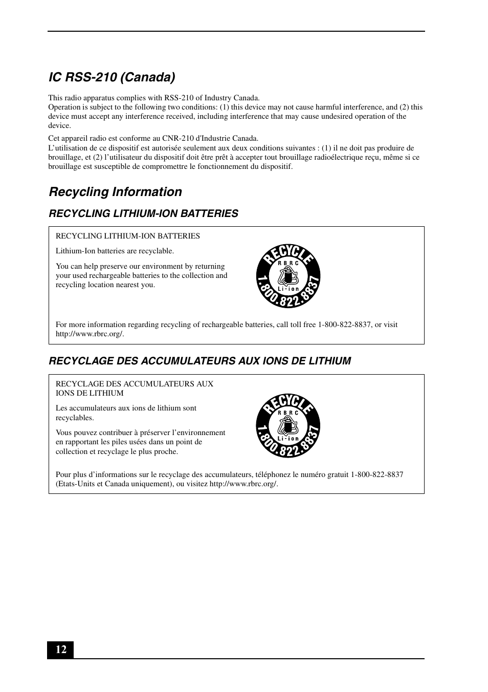 Ic rss-210 (canada), Recycling information | Sony VPCEG Series User Manual | Page 12 / 32