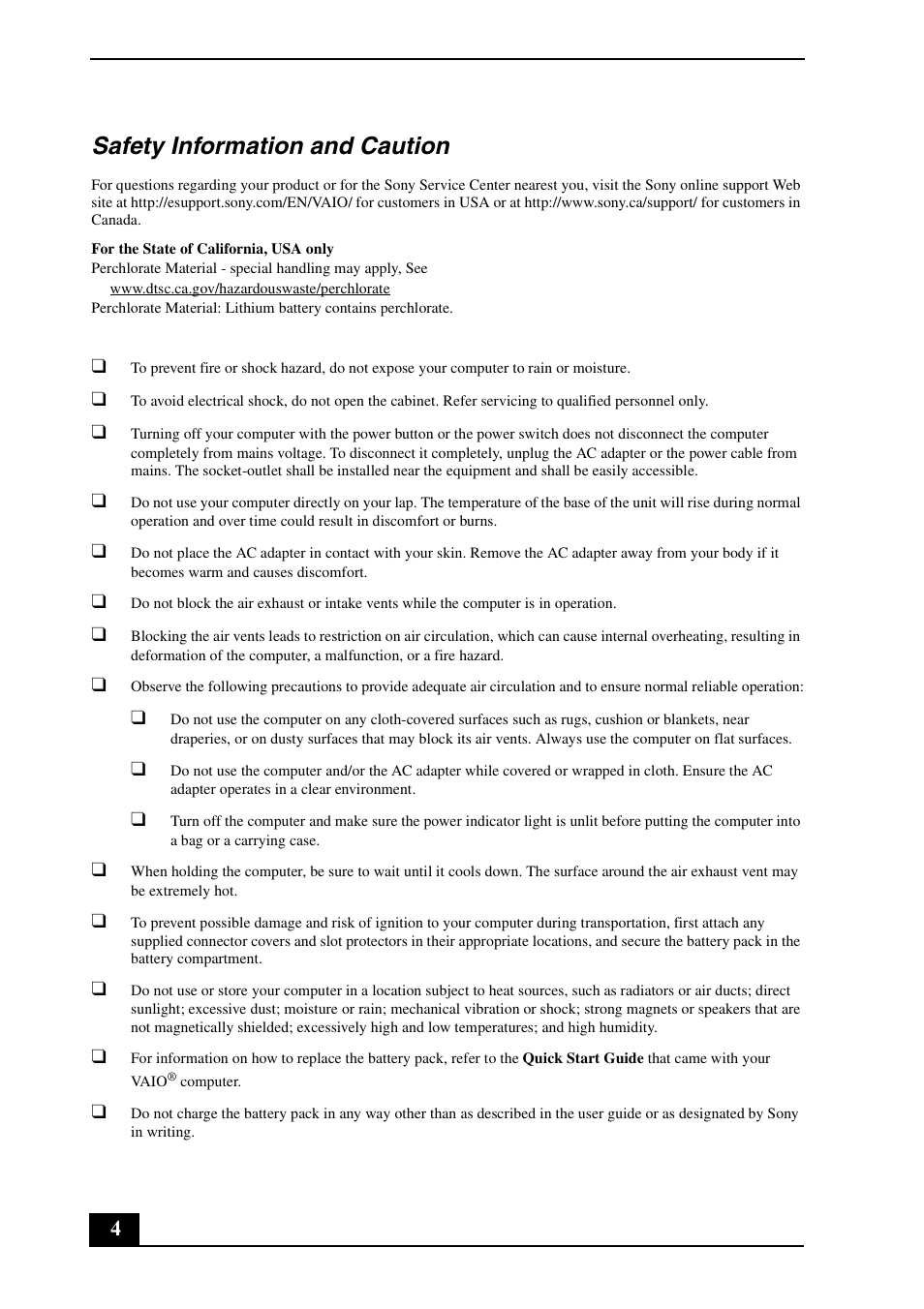 Safety information and caution | Sony VPCEG Series User Manual | Page 4 / 32