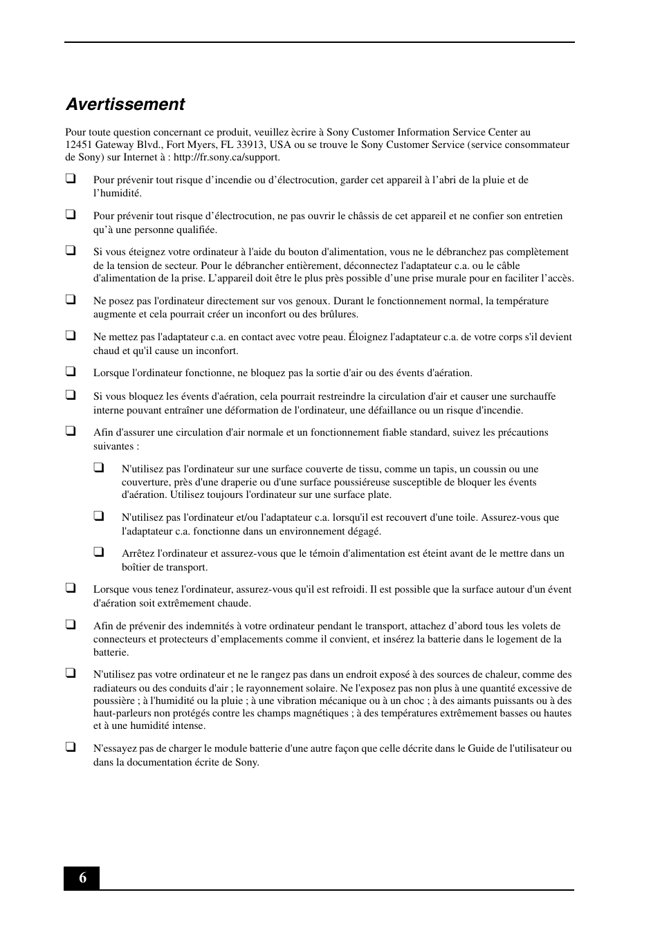 Avertissement | Sony VPCEG Series User Manual | Page 6 / 32