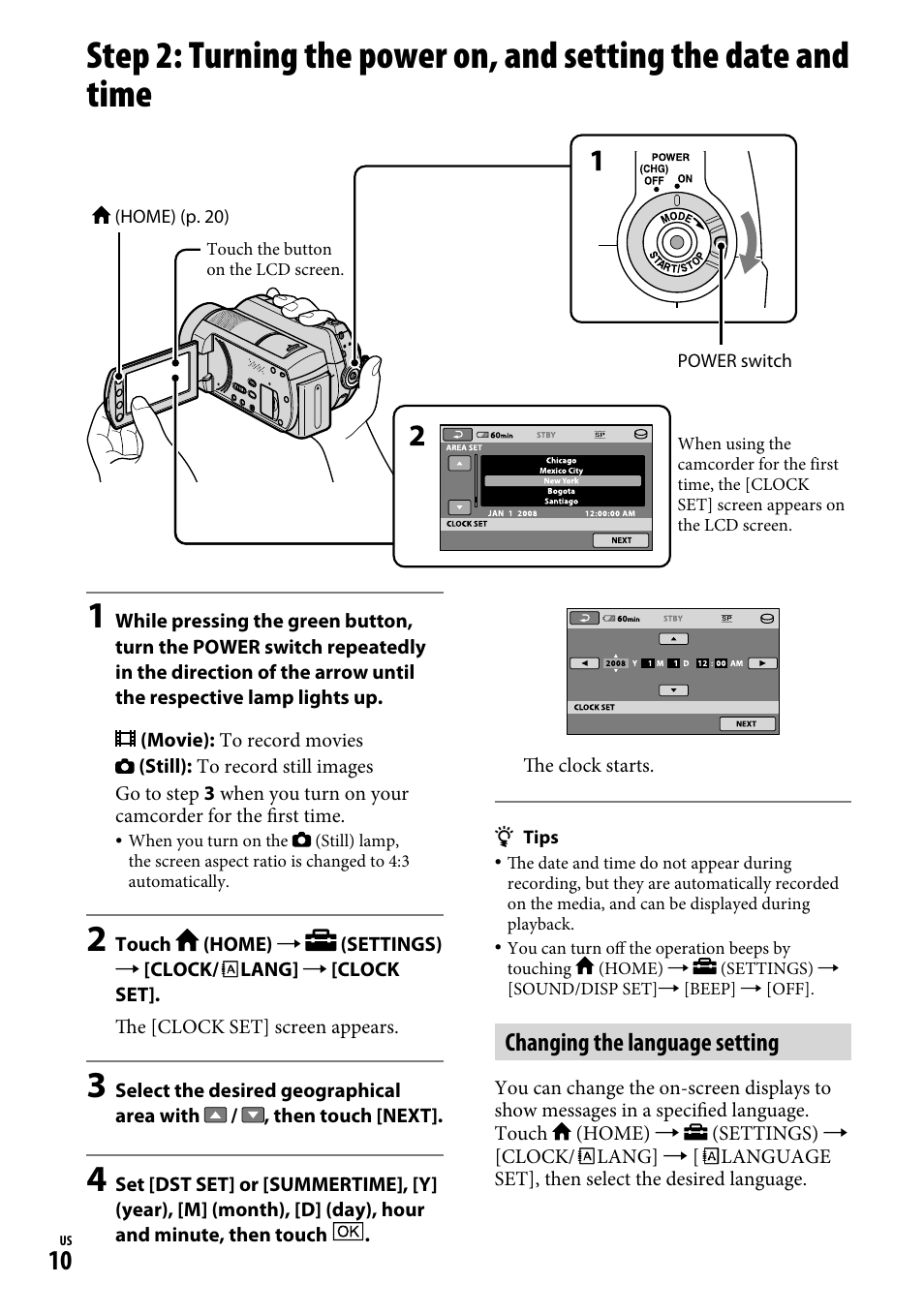 Changing the language setting | Sony DCR-SR220D User Manual | Page 10 / 64