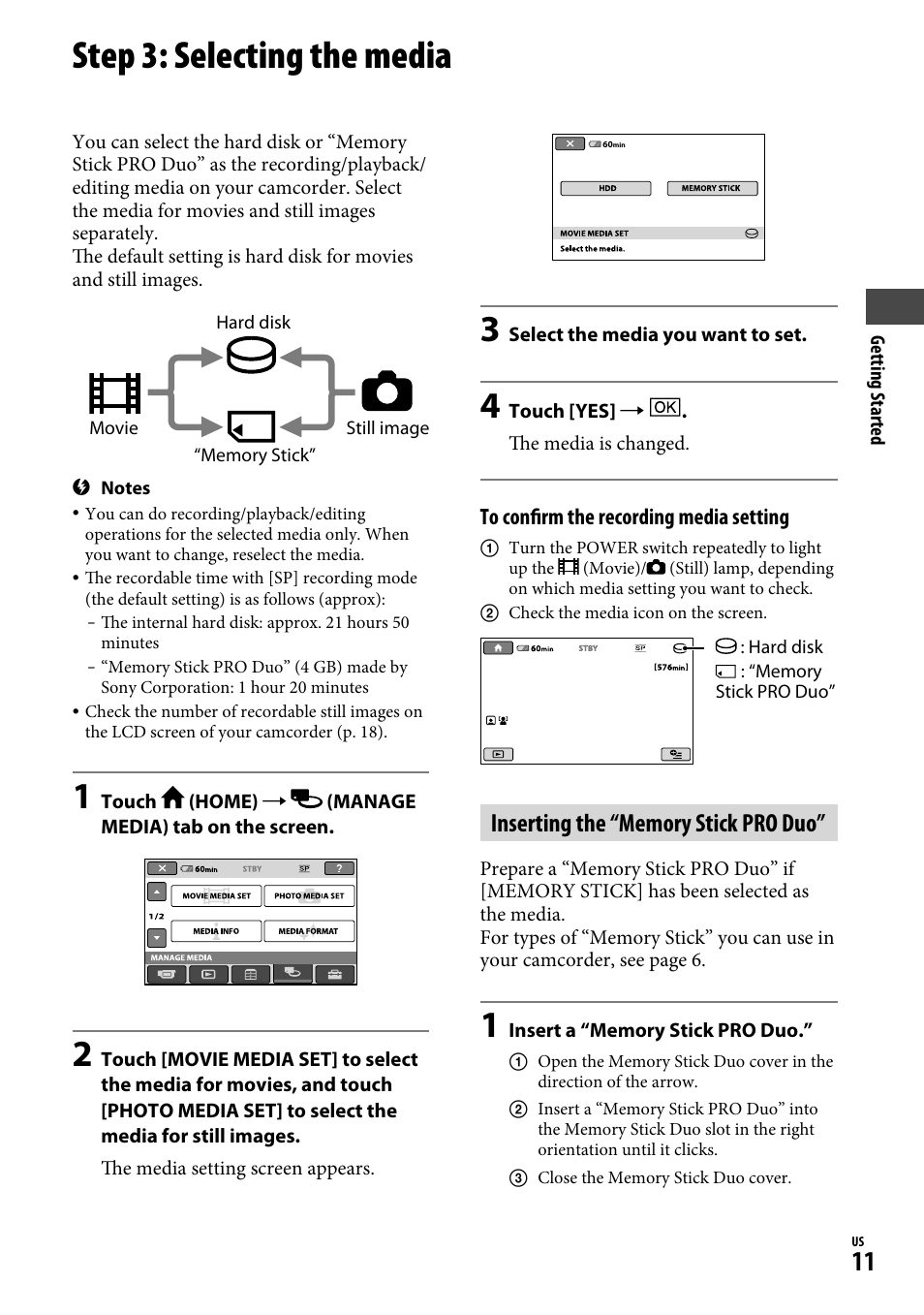 Step 3: selecting the media | Sony DCR-SR220D User Manual | Page 11 / 64