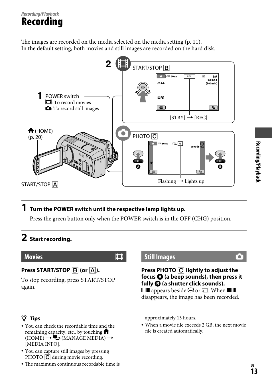 Recording/playback, Recording, Movies | Still images | Sony DCR-SR220D User Manual | Page 13 / 64