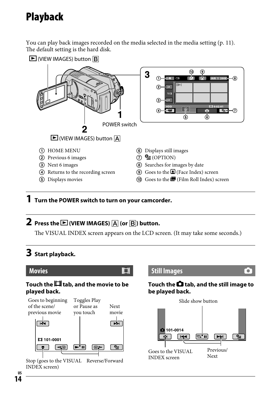 Playback, Movies, Still images | Sony DCR-SR220D User Manual | Page 14 / 64