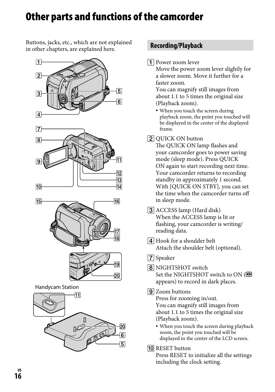 Other parts and functions of the camcorder, Recording/playback | Sony DCR-SR220D User Manual | Page 16 / 64