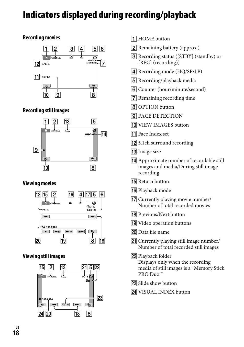 Indicators displayed during recording/playback | Sony DCR-SR220D User Manual | Page 18 / 64