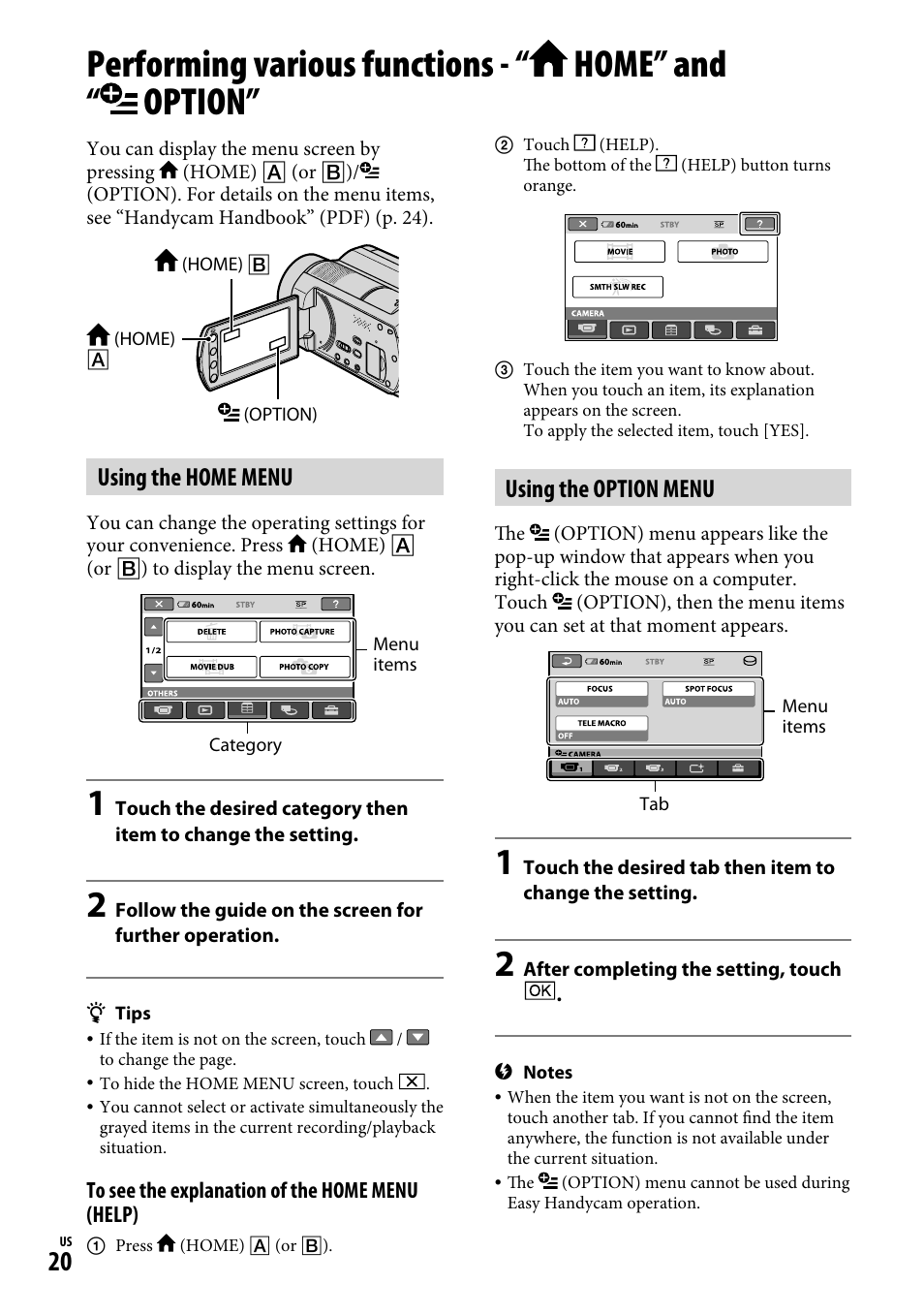 Using the home menu, Using the option menu | Sony DCR-SR220D User Manual | Page 20 / 64