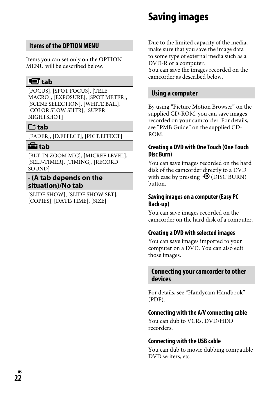Saving images, Using a computer, Connecting your camcorder to other devices | Items of the option menu | Sony DCR-SR220D User Manual | Page 22 / 64