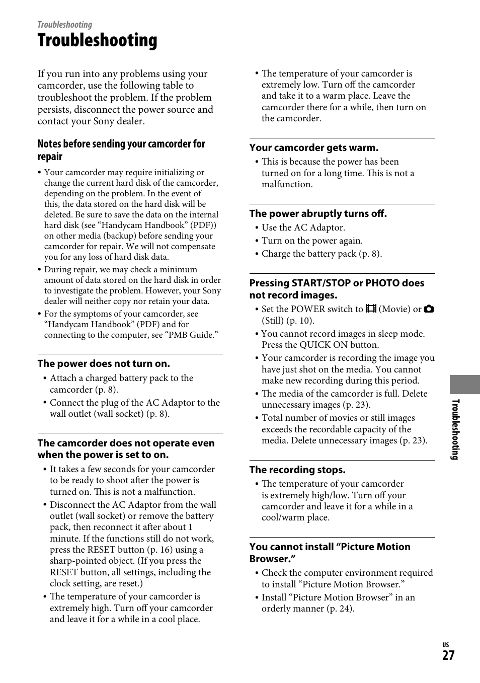Troubleshooting | Sony DCR-SR220D User Manual | Page 27 / 64