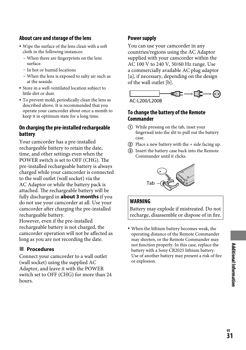 About care and storage of the lens, On charging the pre-installed rechargeable battery, Power supply | Warning | Sony DCR-SR220D User Manual | Page 31 / 64
